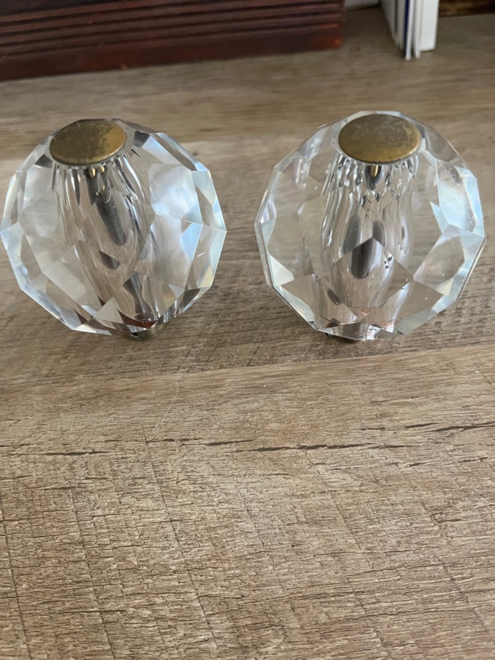 Set of two knobs 3” Faceted Crystal Glass Cabinet Clear Brass round vintage